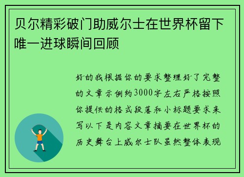 贝尔精彩破门助威尔士在世界杯留下唯一进球瞬间回顾 贝尔精彩破门助威尔士在世界杯留下唯一进球瞬间回顾